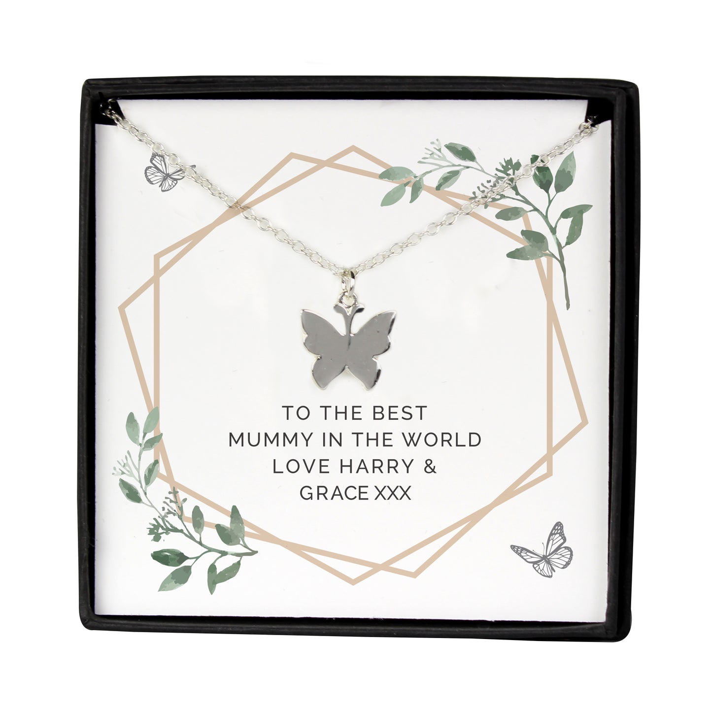 Personalised Botanical Sentiment Butterfly Necklace and Box