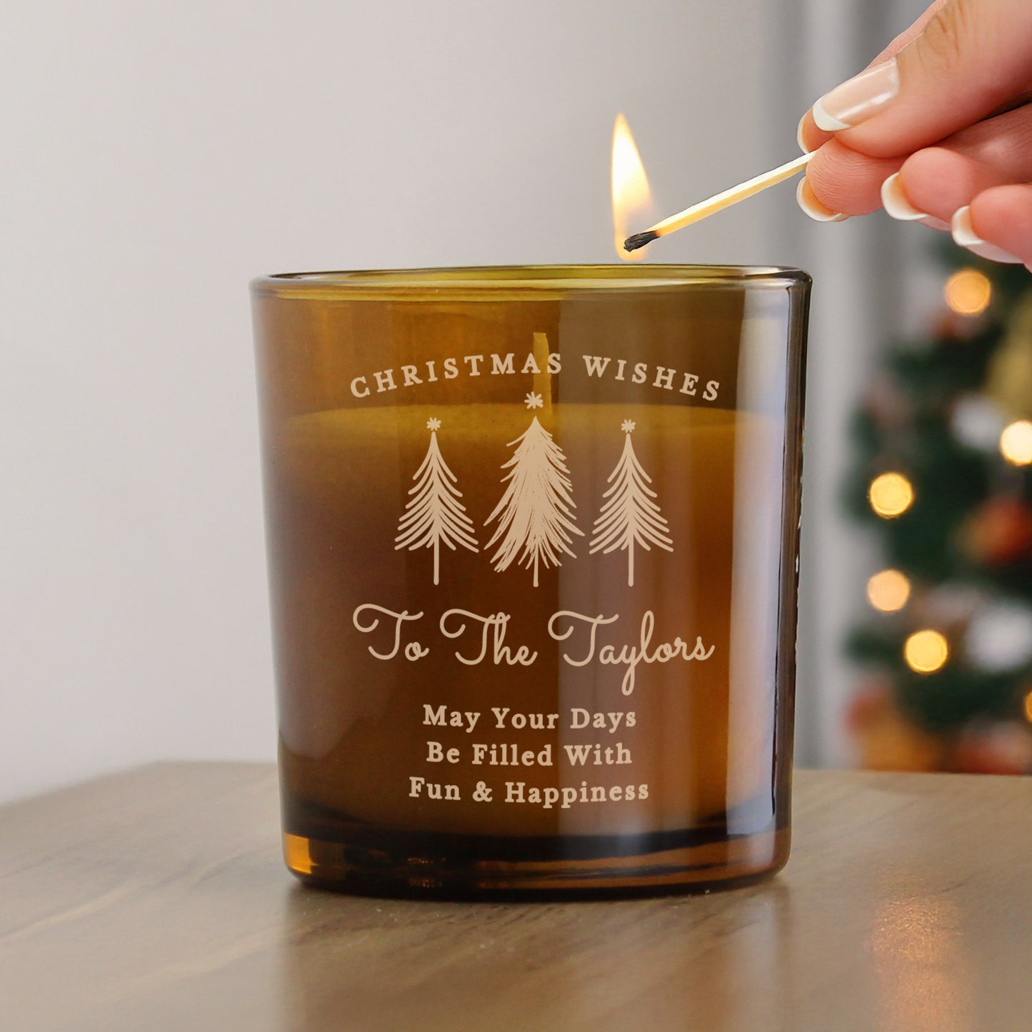 Personalised Christmas Tree Amber Glass Candle